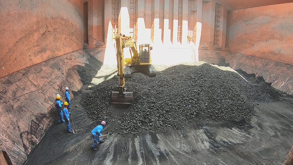 Stevedore working on vessel GERTRUDE OLDENDORFF for discharging coal Discharging Coal in vietnam