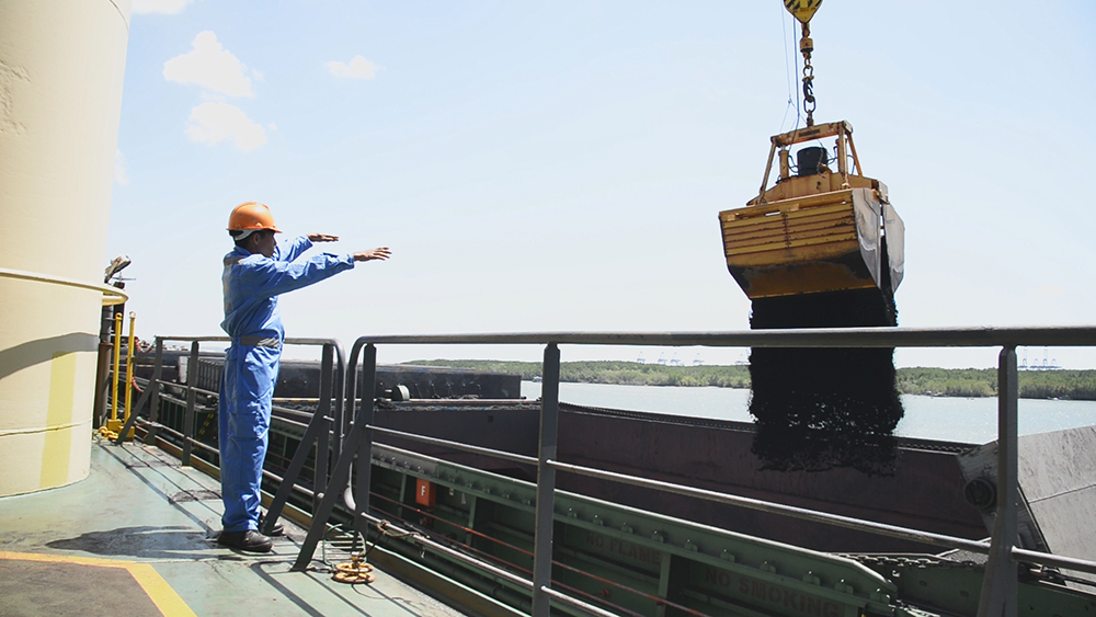 Stevedore working on vessel GERTRUDE OLDENDORFF for discharging coal Discharging coal in vietnam
