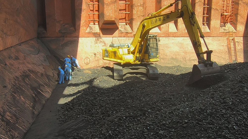 Stevedore working on vessel GERTRUDE OLDENDORFF for discharging coal Discharging coal in vietnam